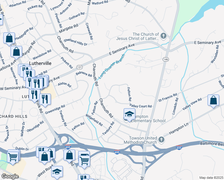 map of restaurants, bars, coffee shops, grocery stores, and more near 213 Felton Road in Lutherville-Timonium