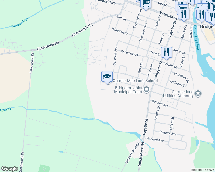 map of restaurants, bars, coffee shops, grocery stores, and more near 300 Quarter Mile Lane in Bridgeton