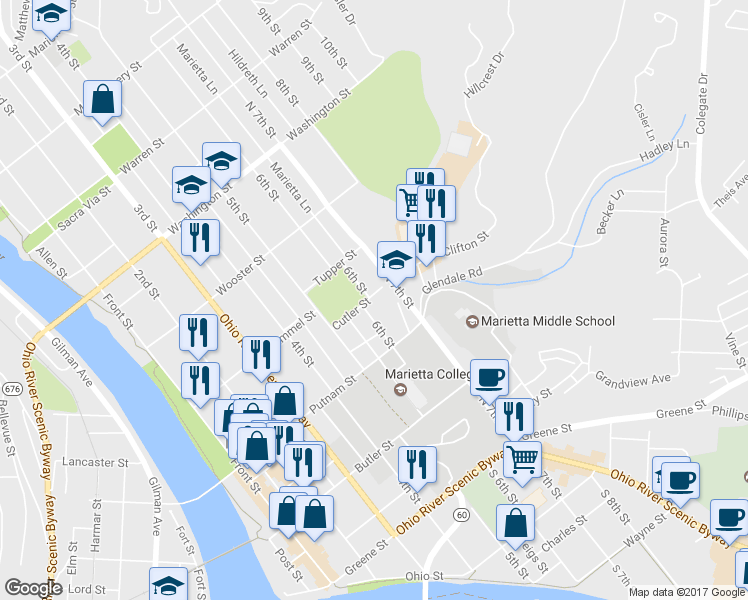 map of restaurants, bars, coffee shops, grocery stores, and more near 604 Cutler Street in Marietta