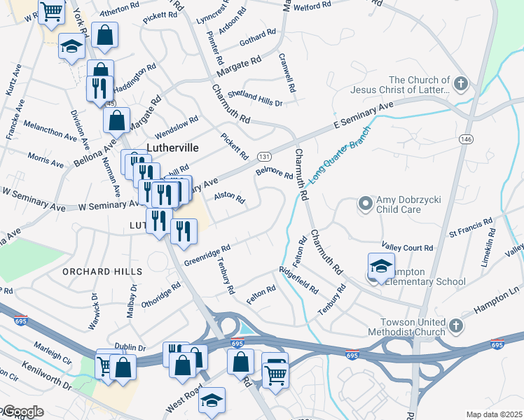 map of restaurants, bars, coffee shops, grocery stores, and more near 53 Belmore Road in Timonium