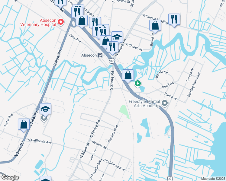 map of restaurants, bars, coffee shops, grocery stores, and more near 304 South Shore Road in Absecon