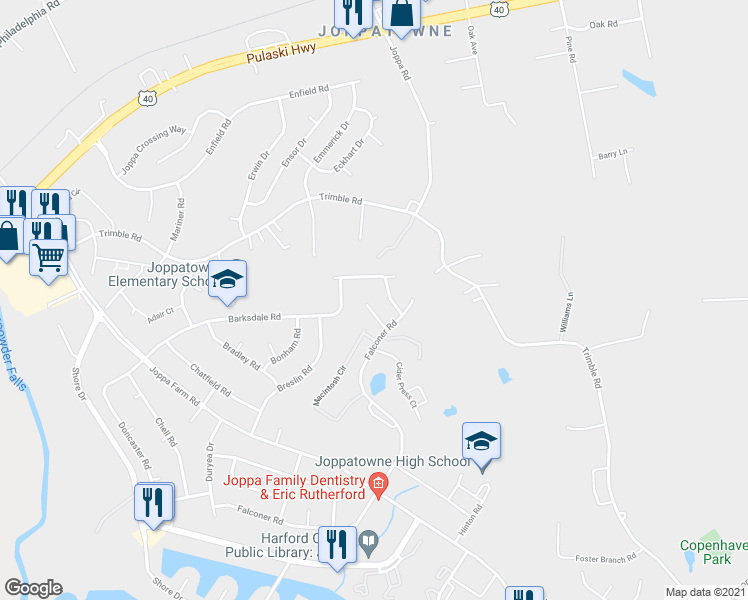 map of restaurants, bars, coffee shops, grocery stores, and more near 609 Winesap Court in Harford County