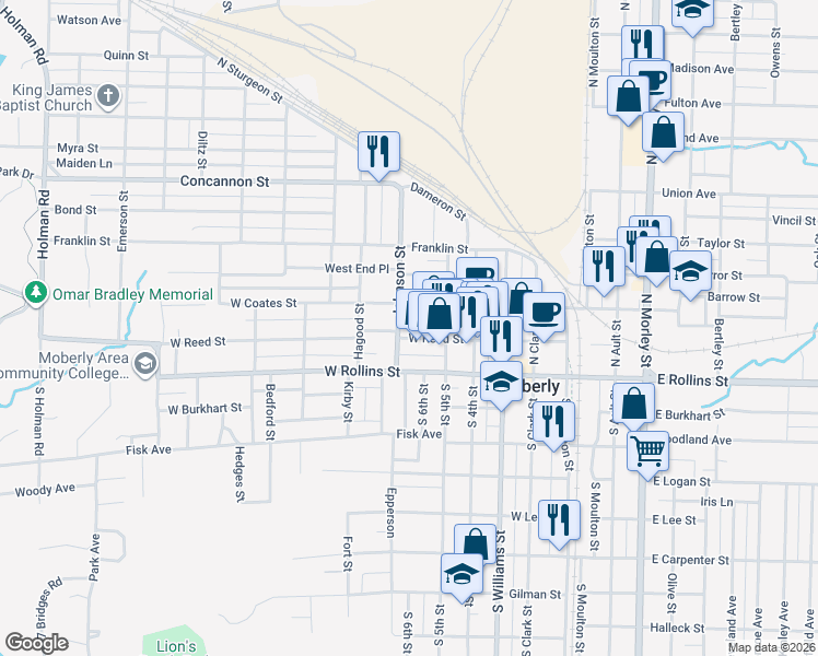 map of restaurants, bars, coffee shops, grocery stores, and more near 601 Adams Avenue in Moberly