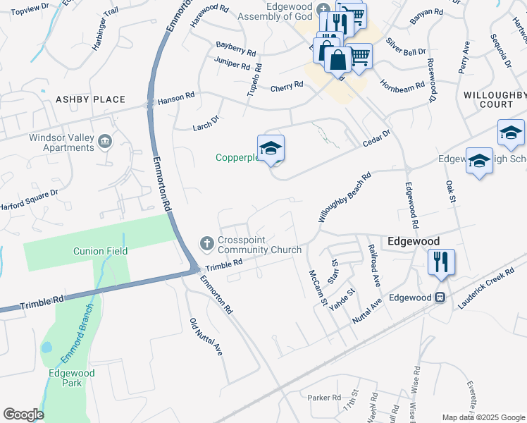 map of restaurants, bars, coffee shops, grocery stores, and more near 1909 Southridge Drive in Edgewood