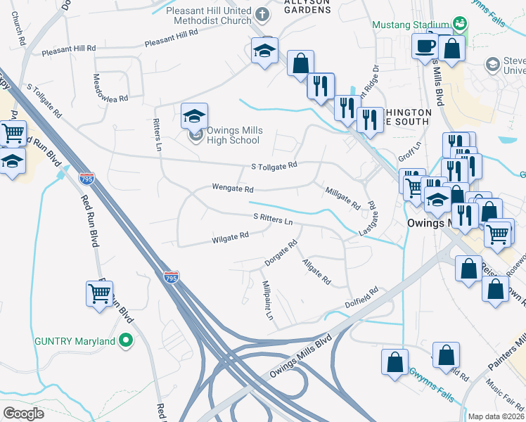 map of restaurants, bars, coffee shops, grocery stores, and more near 104 South Ritters Lane in Owings Mills
