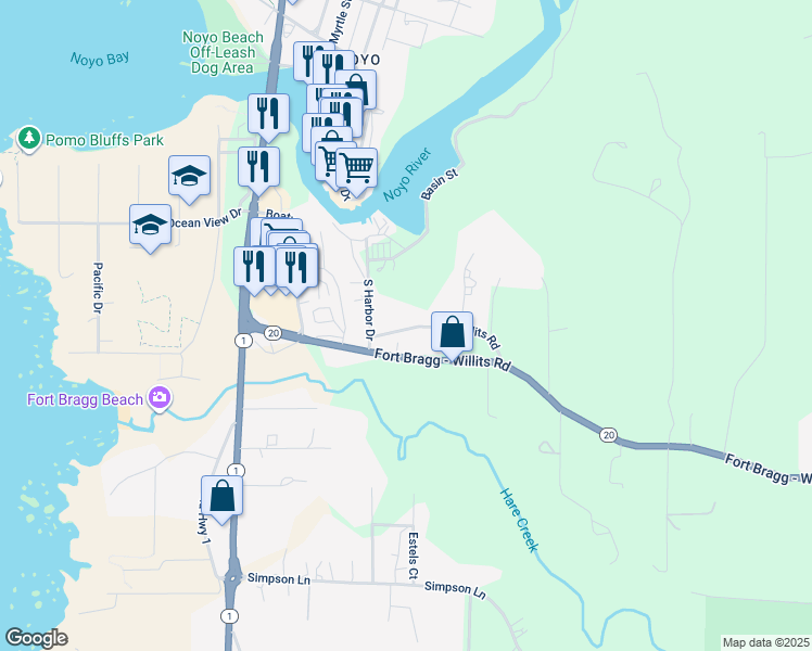 map of restaurants, bars, coffee shops, grocery stores, and more near 32630 Old Willits Road in Fort Bragg