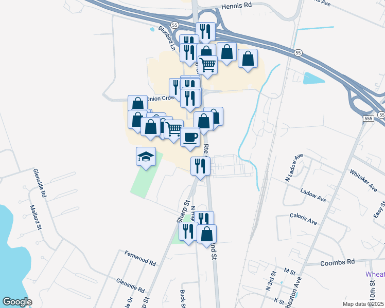 map of restaurants, bars, coffee shops, grocery stores, and more near 2100 North 2nd Street in Millville