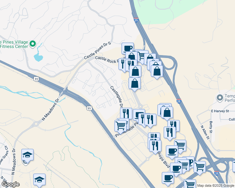 map of restaurants, bars, coffee shops, grocery stores, and more near 6022 Castlegate Drive West in Castle Rock
