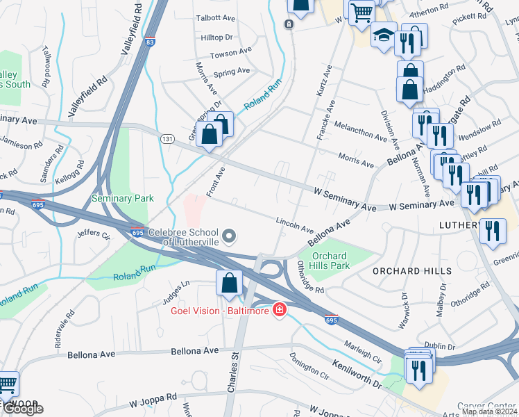 map of restaurants, bars, coffee shops, grocery stores, and more near 308 Lincoln Avenue in Lutherville-Timonium