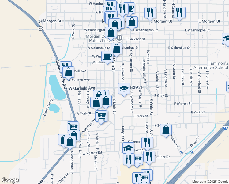 map of restaurants, bars, coffee shops, grocery stores, and more near 759 South Main Street in Martinsville