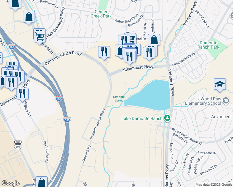 map of restaurants, bars, coffee shops, grocery stores, and more near 1160 Damonte Ranch Parkway in Reno