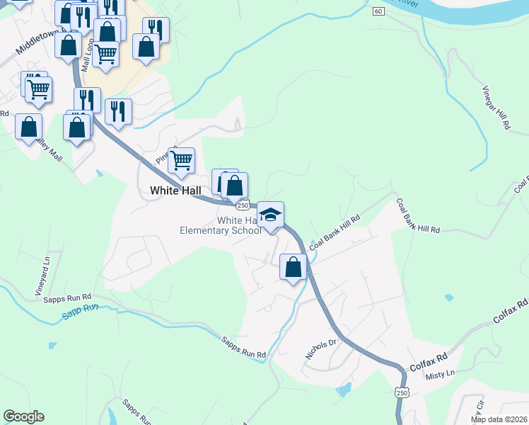 map of restaurants, bars, coffee shops, grocery stores, and more near 3068 White Hall Boulevard in White Hall