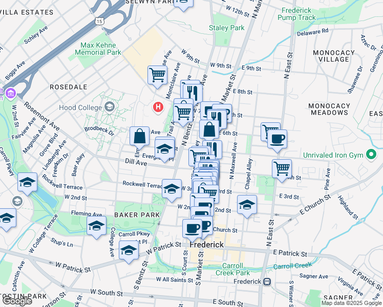 map of restaurants, bars, coffee shops, grocery stores, and more near 110 West 5th Street in Frederick