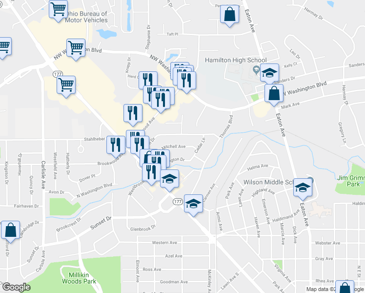map of restaurants, bars, coffee shops, grocery stores, and more near 27 Mitchell Avenue in Hamilton