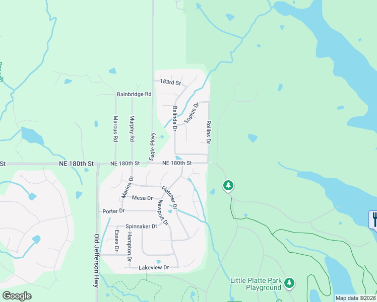 map of restaurants, bars, coffee shops, grocery stores, and more near 1602 Northeast 180th Terrace in Smithville