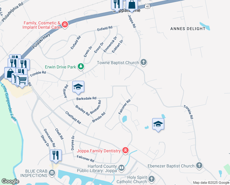 map of restaurants, bars, coffee shops, grocery stores, and more near 509 Barksdale Road in Harford County