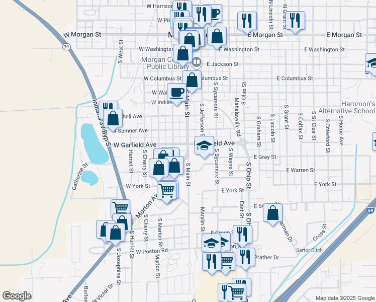 map of restaurants, bars, coffee shops, grocery stores, and more near 759 South Main Street in Martinsville