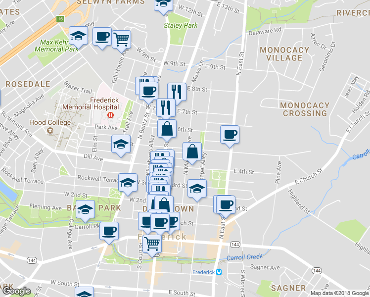 map of restaurants, bars, coffee shops, grocery stores, and more near 36 East 5th Street in Frederick