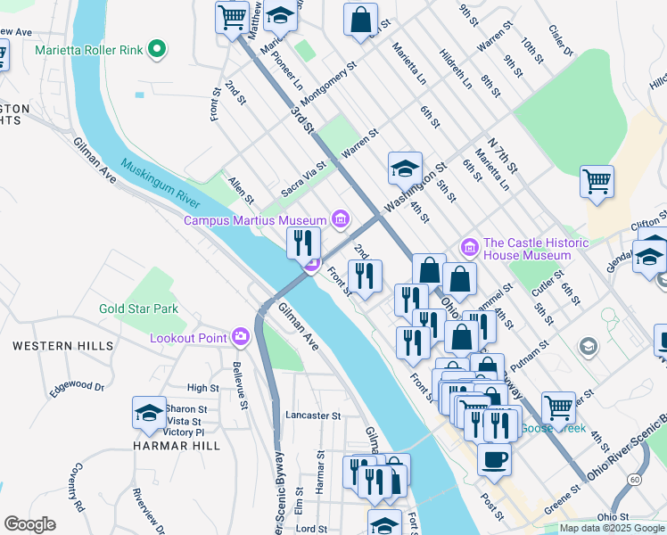 map of restaurants, bars, coffee shops, grocery stores, and more near 528 Front Street in Marietta