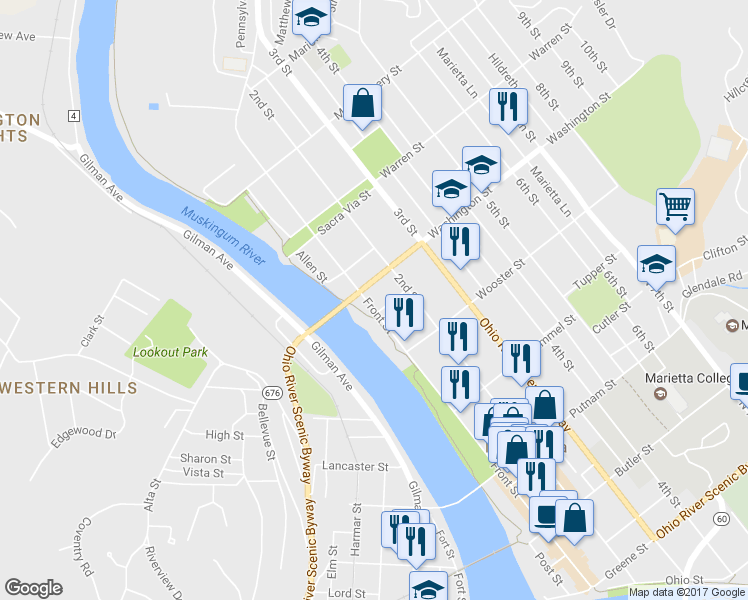 map of restaurants, bars, coffee shops, grocery stores, and more near 528 Front Street in Marietta