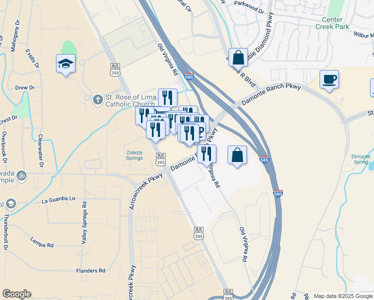 map of restaurants, bars, coffee shops, grocery stores, and more near 197-231 Damonte Ranch Parkway in Reno