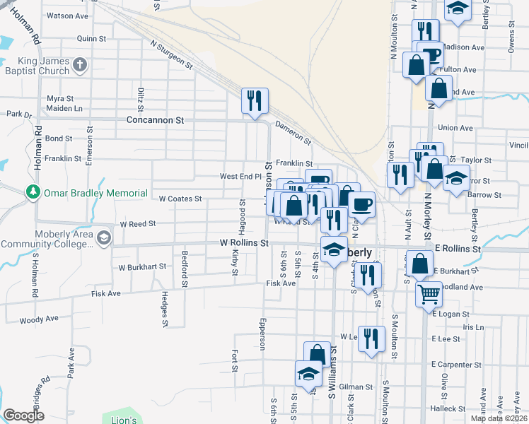 map of restaurants, bars, coffee shops, grocery stores, and more near 601 Adams Avenue in Moberly