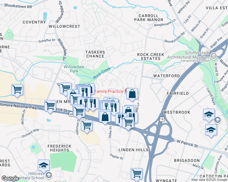 map of restaurants, bars, coffee shops, grocery stores, and more near Quail's Nest Way in Frederick