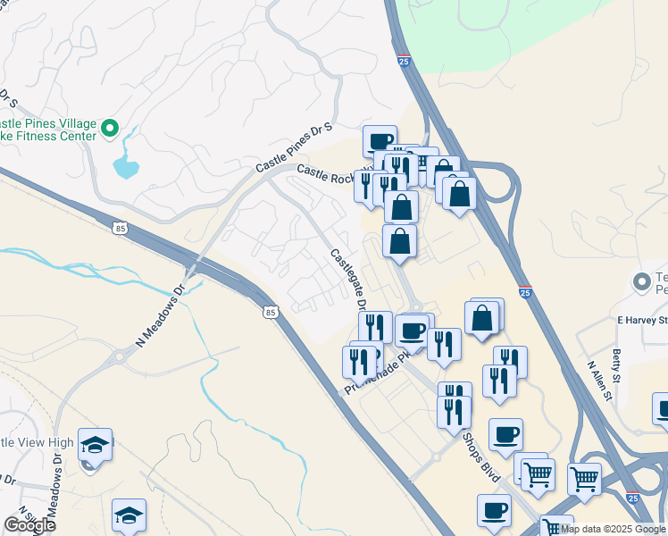 map of restaurants, bars, coffee shops, grocery stores, and more near 6045 Castlegate Drive West in Castle Rock