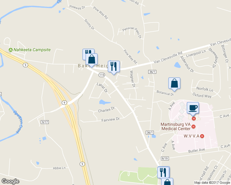 map of restaurants, bars, coffee shops, grocery stores, and more near 21 Denim Lane in Kearneysville