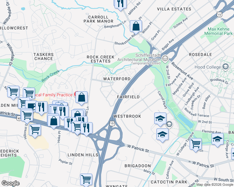 map of restaurants, bars, coffee shops, grocery stores, and more near 125 Alessandra Court in Frederick
