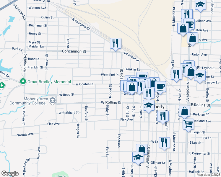 map of restaurants, bars, coffee shops, grocery stores, and more near 211 Hagood St in Moberly