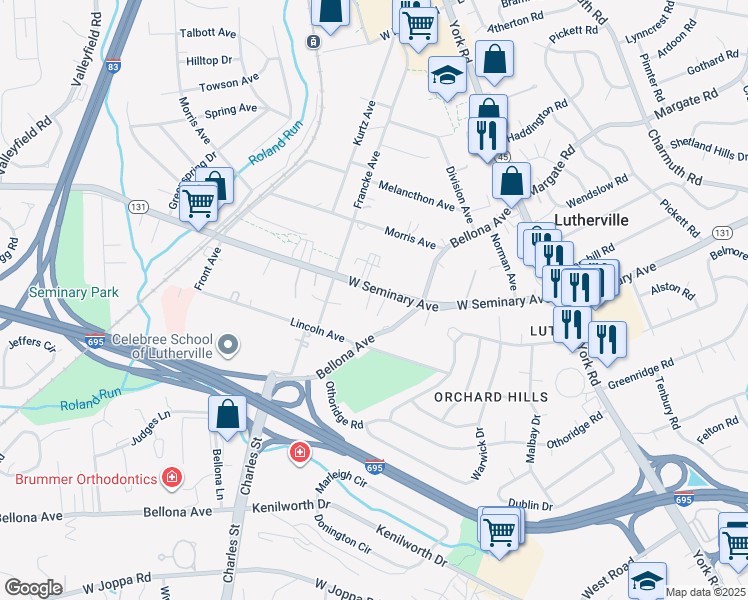 map of restaurants, bars, coffee shops, grocery stores, and more near 211B West Seminary Avenue in Timonium
