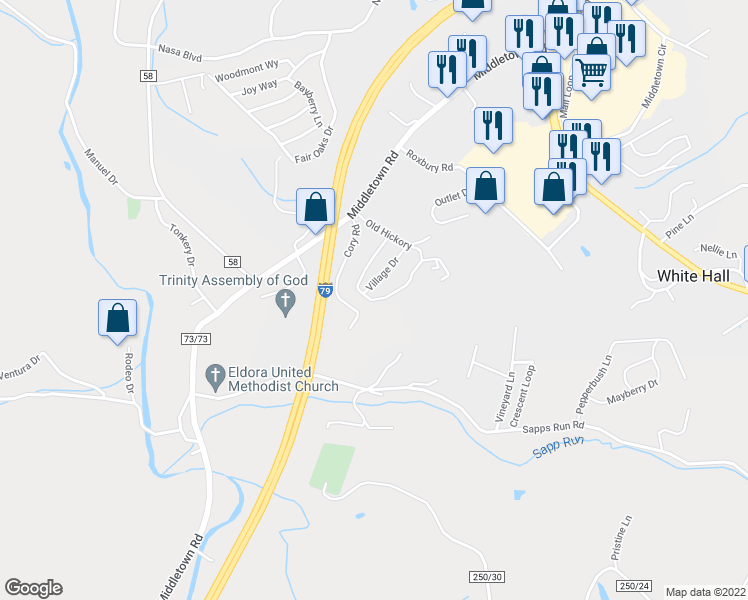 map of restaurants, bars, coffee shops, grocery stores, and more near 701 Old Hickory Drive in White Hall