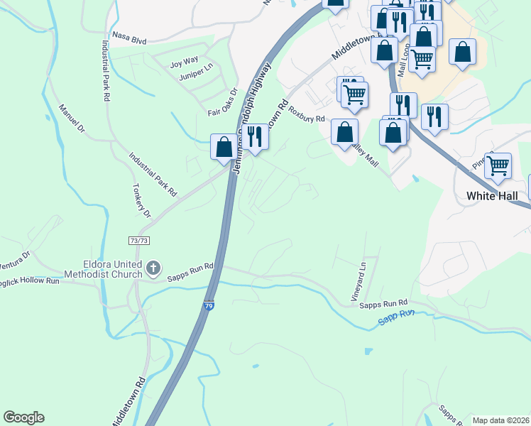 map of restaurants, bars, coffee shops, grocery stores, and more near 703 Old Hickory Drive in White Hall