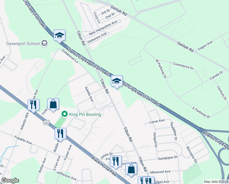 map of restaurants, bars, coffee shops, grocery stores, and more near 2562 Tilton Road in Egg Harbor Township