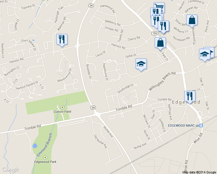 map of restaurants, bars, coffee shops, grocery stores, and more near 442 Trimblefields Dr in Edgewood