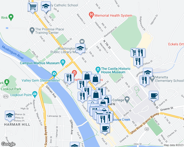 map of restaurants, bars, coffee shops, grocery stores, and more near 435 4th Street in Marietta