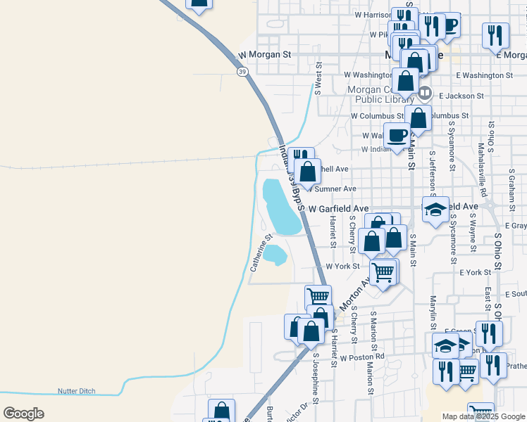 map of restaurants, bars, coffee shops, grocery stores, and more near 623 Mallards Crossing in Martinsville