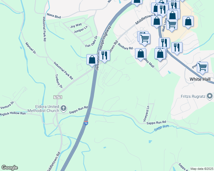 map of restaurants, bars, coffee shops, grocery stores, and more near 1005 Old Hickory Drive in White Hall