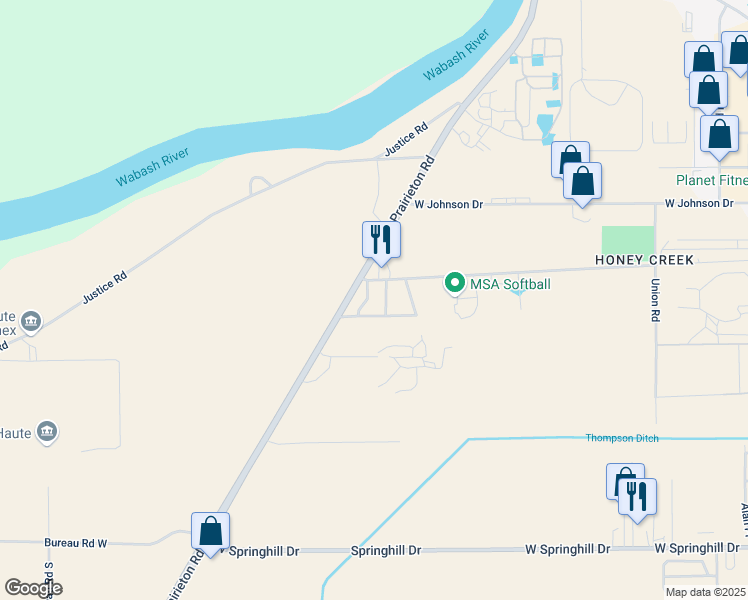 map of restaurants, bars, coffee shops, grocery stores, and more near 1264 West Pine Forest Drive in Terre Haute