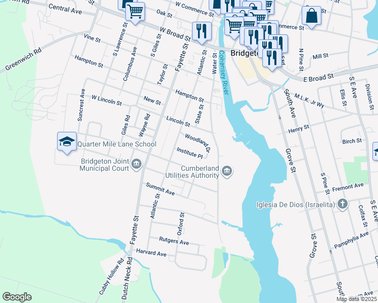 map of restaurants, bars, coffee shops, grocery stores, and more near in Bridgeton