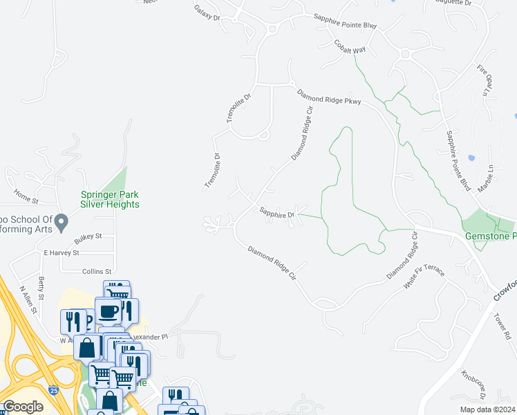 map of restaurants, bars, coffee shops, grocery stores, and more near Sapphire Drive in Castle Rock