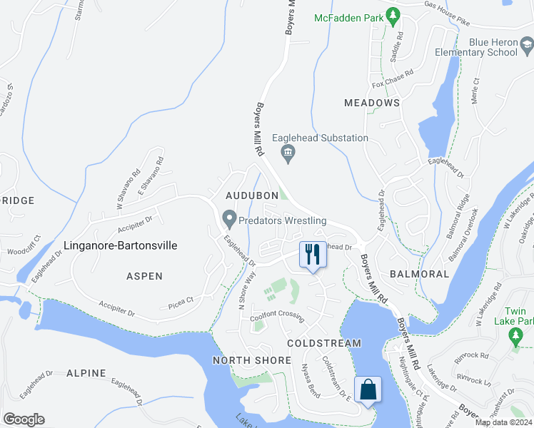 map of restaurants, bars, coffee shops, grocery stores, and more near 10216 Nuthatch Drive in New Market