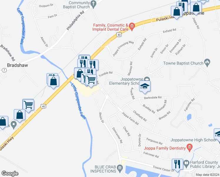 map of restaurants, bars, coffee shops, grocery stores, and more near 936 Rumsey Place in Harford County