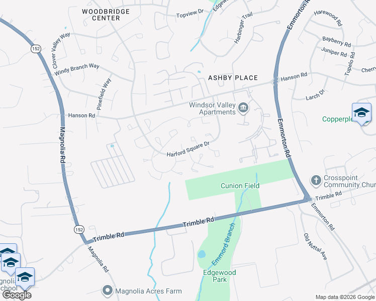 map of restaurants, bars, coffee shops, grocery stores, and more near Harford Square Drive in Edgewood