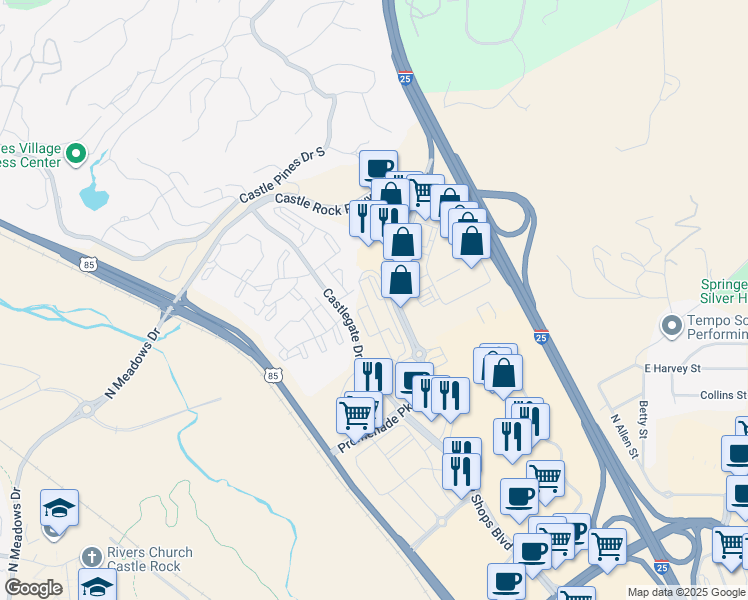 map of restaurants, bars, coffee shops, grocery stores, and more near 6000-6022 Castlegate Drive West in Castle Rock