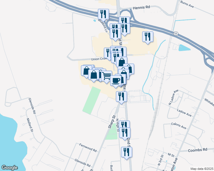 map of restaurants, bars, coffee shops, grocery stores, and more near 2102 North 2nd Street in Millville