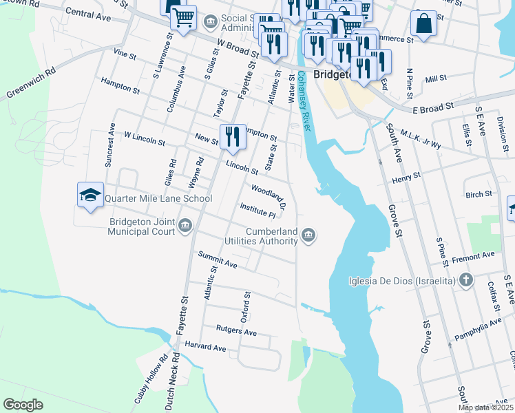 map of restaurants, bars, coffee shops, grocery stores, and more near 45 Institute Place in Bridgeton