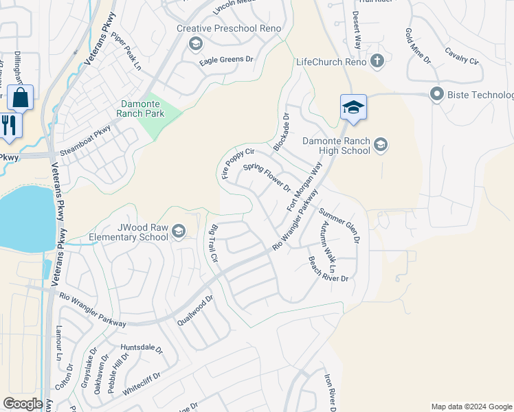 map of restaurants, bars, coffee shops, grocery stores, and more near 2520 Country Falls Lane in Reno