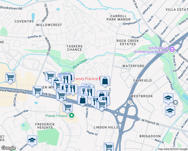map of restaurants, bars, coffee shops, grocery stores, and more near 100 Long Acre Court in Frederick